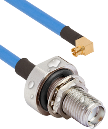 SMA Female Waterproof (IP68 Rated) Bulkhead to SMPM Female R/A 12" Cable Assembly for .085" Cable, 7032-10881