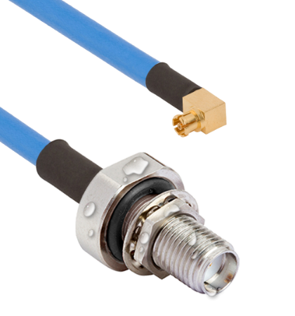 SMA Female Waterproof (IP68 Rated) Bulkhead to SMPM Female R/A 6" Cable Assembly for .085" Cable, 7032-10880